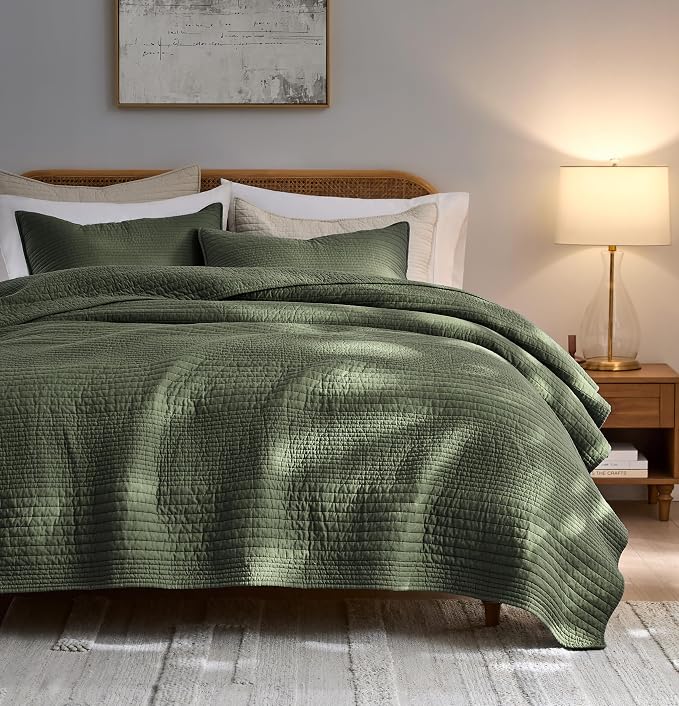 palassio Striped Olive Green 100% Cotton Quilt Twin Size Bedding Sets, by PALASSIO