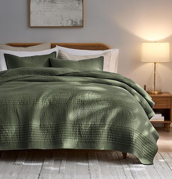 palassio Striped Olive Green 100% Cotton Quilt Queen Size Bedding Sets by PALASSIO