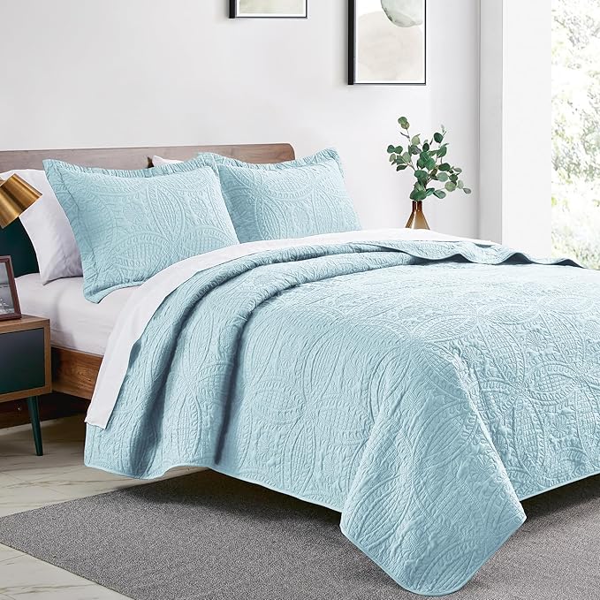 Love's cabin California King Size Quilt Set Spa-Blue Bedspreads - Image 2