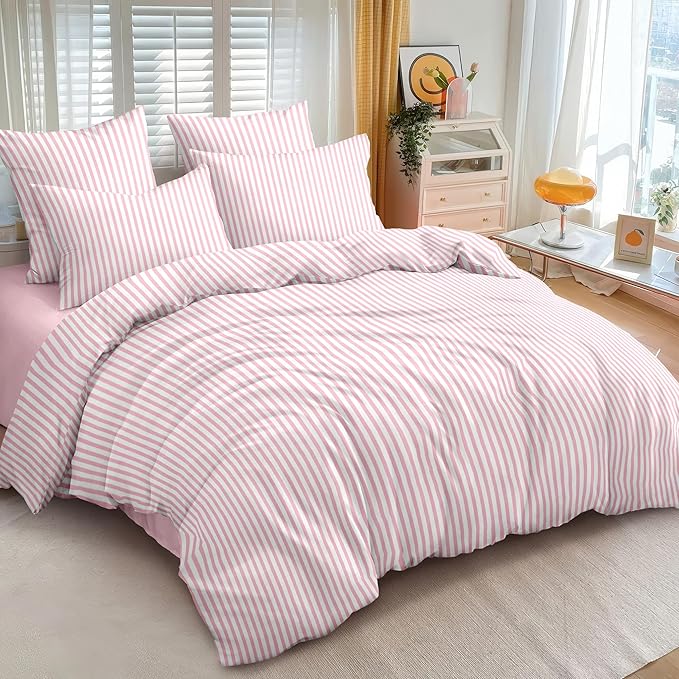 Nayoroom Pink Striped Duvet Cover King Size White Stripe Duvet Cover Dorm - Image 2