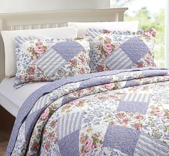Brilliant Sunshine Rose Violet Patchwork, 3-Piece Quilt Set - Image 3