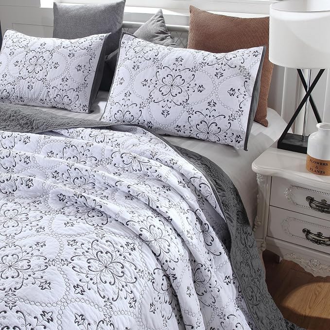 ROOMLIFE Quilt Set Full Size 3D Floral Embroidery Pattern 3-Piece Cotton - Image 2