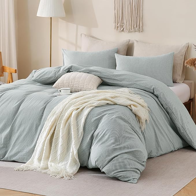 TOCOMOA Mini Gingham Green Duvet Cover Bedding Set 100% Washed Cotton Like - Image 2
