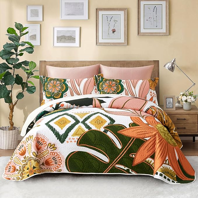 Tyrot 3 Piece Boho Floral King Size Quilt Sets Farmhouse Botanical Reversible by TyrotHomeDecor