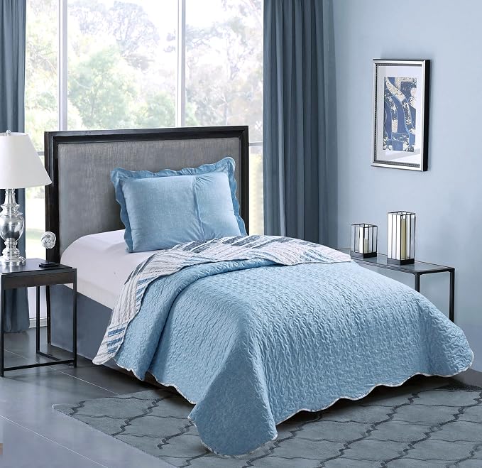 Brilliant Sunshine Blue and Grey Stripe Blocks Patchwork, 2-Piece Quilt Set - Image 2