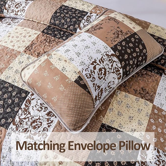 Mybedsoul Brown Quilt Set Full Size, 3 Pieces Plaid Floral Bedspread Set - Image 4