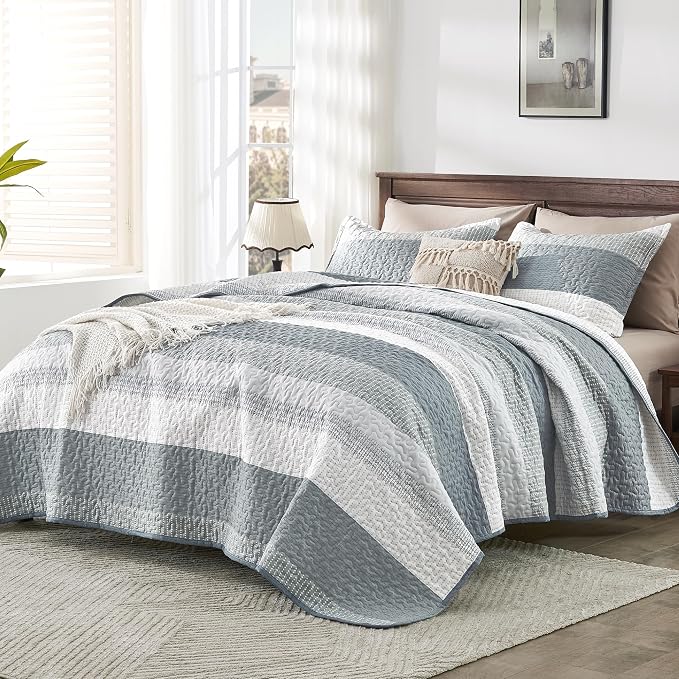 Andency Grey Striped Quilt Twin, 2 Pieces Patchwork Bedspread Coverlet Set - Image 2