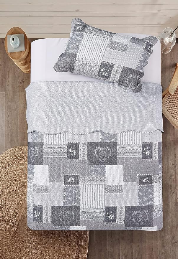 Brilliant Sunshine Grey Heart Love, Floral and Lace Patchwork, 2-Piece Quilt Set - Image 4