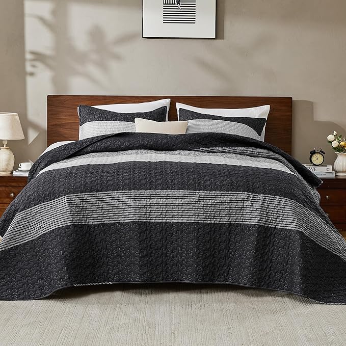 Andency Oversized King Quilt Set Black White, 128x120 Stripe Bedspread Coverlet - Image 3