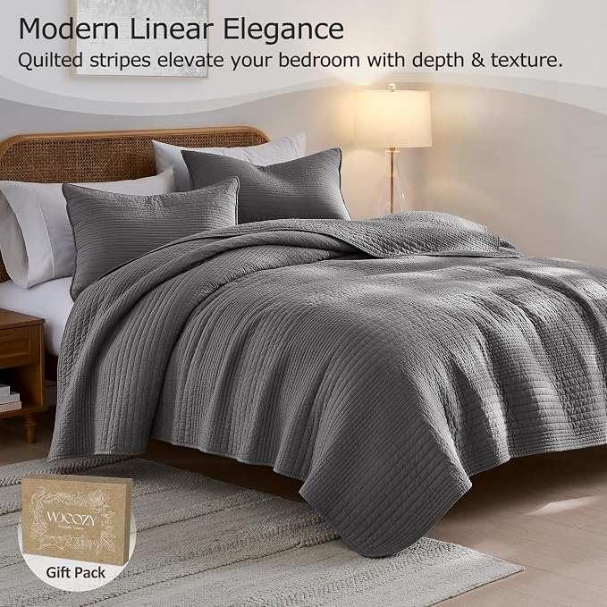 palassio Striped Dark Grey 100% Cotton Quilt Queen Size Bedding Sets, - Image 2