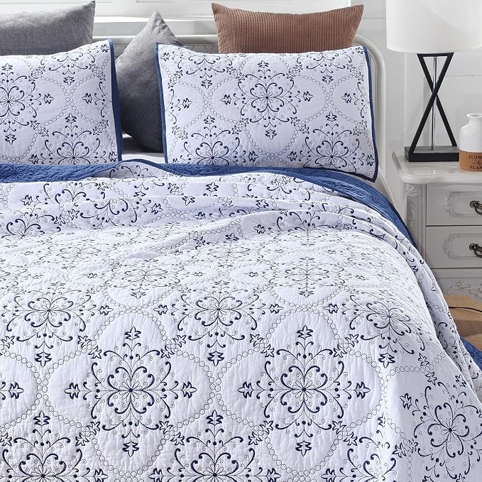 ROOMLIFE Quilt Set King Size 3D Floral Embroidery Pattern 3-Piece Cotton - Image 2