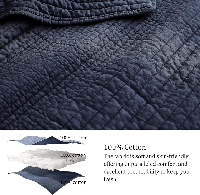 PALASSIO Striped Navy Blue 100% Cotton Quilt California Cal King Size Bedding - Image 5