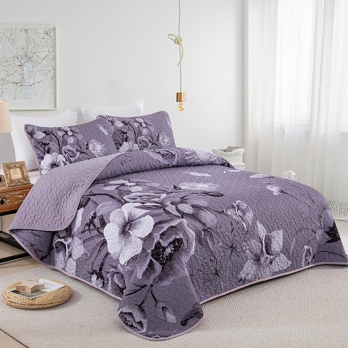 Floral Quilt Set Queen 3 Pieces Dark Purple Boho Flower Quilt Coverlet Set Soft - Image 2