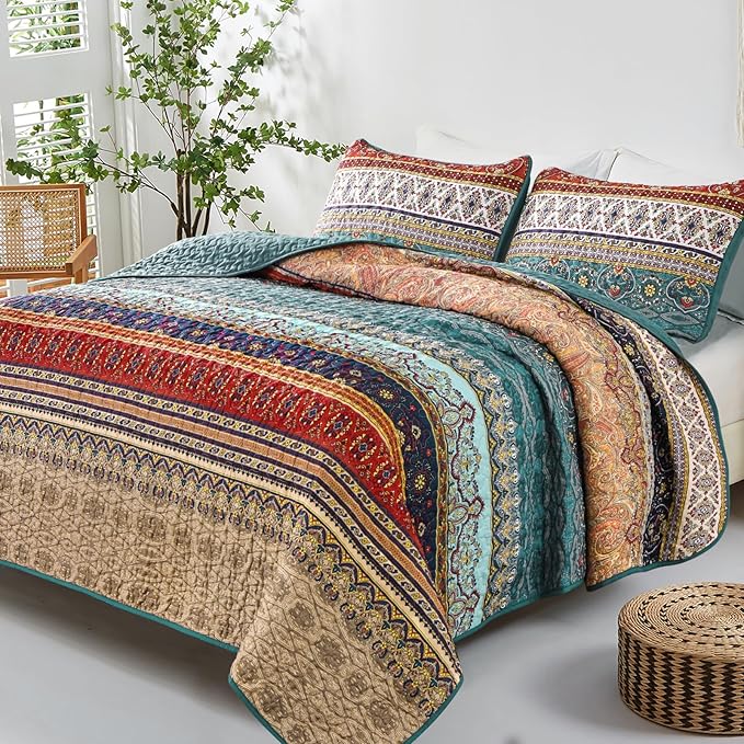 WONGS BEDDING Boho Queen Quilt Set, Lightweight Microfiber Bed Decor Bedspread - Image 2