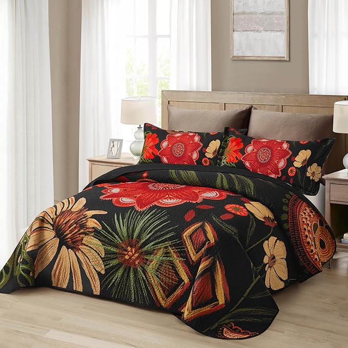 Tyrot 3 Piece Black Red Boho Floral Quilt Sets King Size Farmhouse Reversible - Image 2