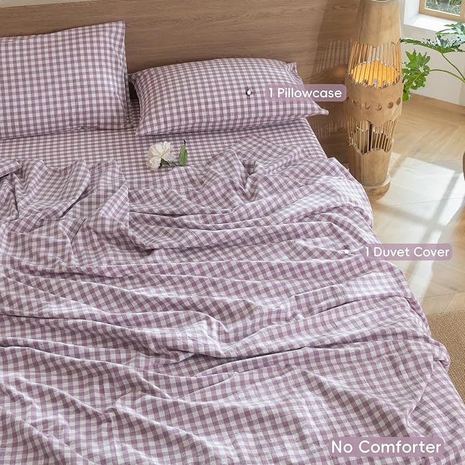 MooMee Gingham Duvet Cover Set 100% Washed Cotton Linen Like Textured - Image 2