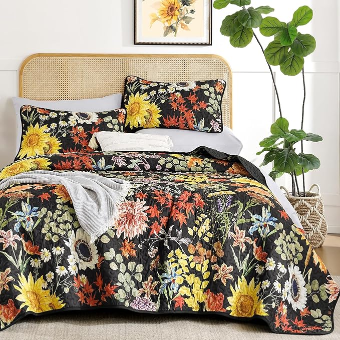 Yiran California King Quilt Set Black, Sunflower Floral Colorful Bedspreads by Yiran