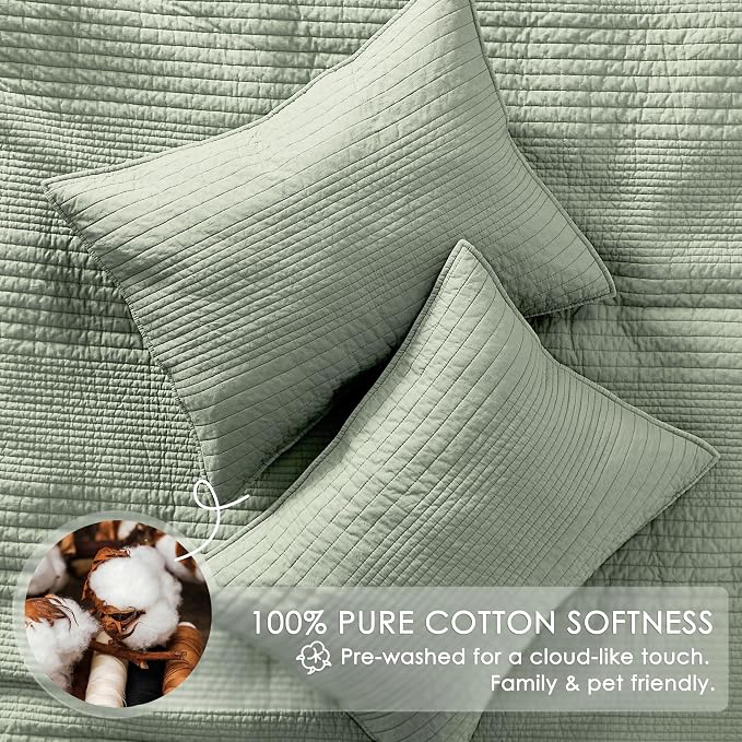 PALASSIO Striped Sage Green 100% Cotton Quilt California Cal King Size Bedding - Image 4