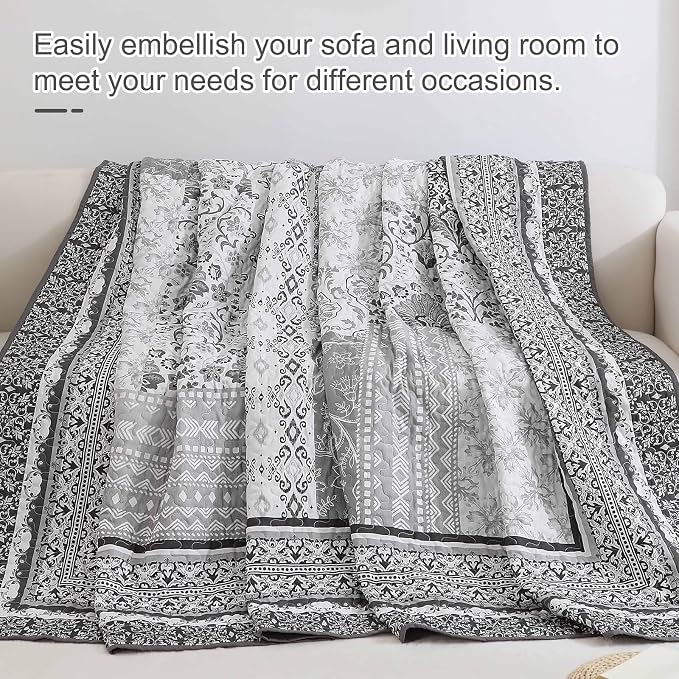 WONGS BEDDING Grey Quilt Set Queen Size, Bohemian Patchwork Bedspread Coverlet - Image 7