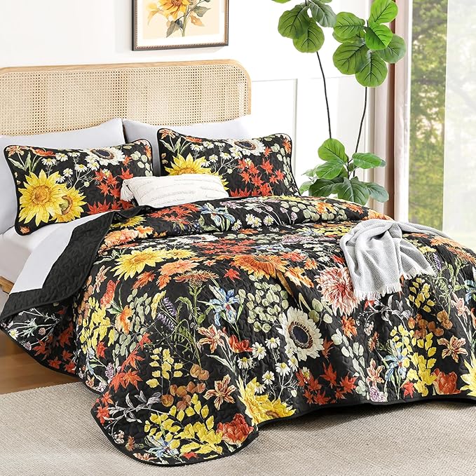 Yiran California King Quilt Set Black, Sunflower Floral Colorful Bedspreads - Image 2