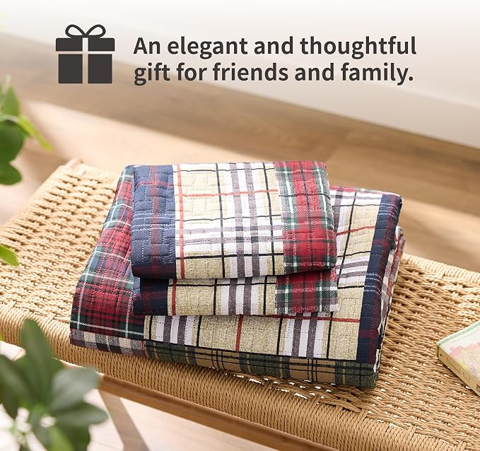 PPOLCA Patchwork King Quilt Bedding Set, Plaid Lightweight Reversible Bedspread - Image 7