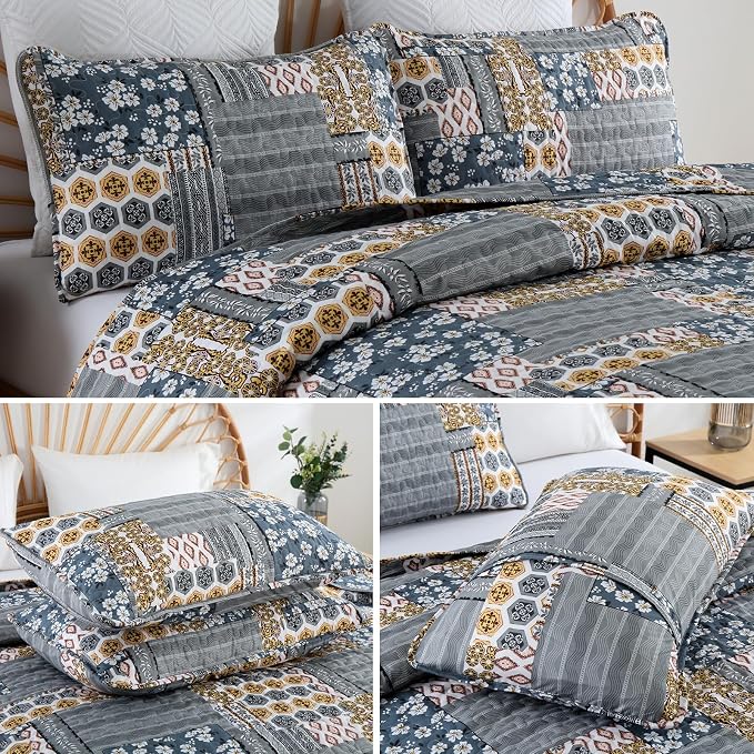 Mybedsoul Dark Grey Quilt Set Queen Size, 3 Pieces Plaid Floral Bedspread Set - Image 5