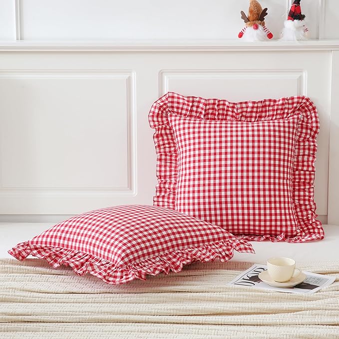 2 Pack 26x26 inches Red/White Gingham Pillow Cover 100% Washed Cotton Ruffled - Image 3