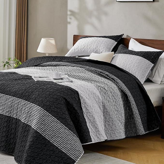Andency Oversized King Quilt Set Black White, 128x120 Stripe Bedspread Coverlet by Andency