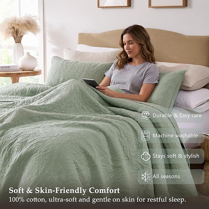 PALASSIO Sage Green Paisley 100% Cotton Quilt King Size Bedding Sets - Image 5