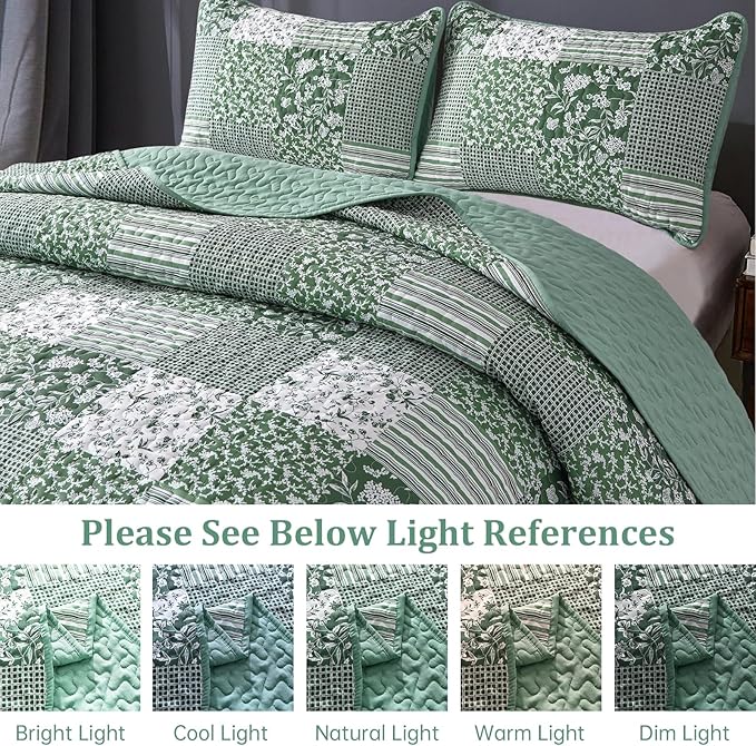 Mybedsoul Green Quilt Set Twin Size, 2 Pieces Plaid Floral Bedspread Set - Image 4
