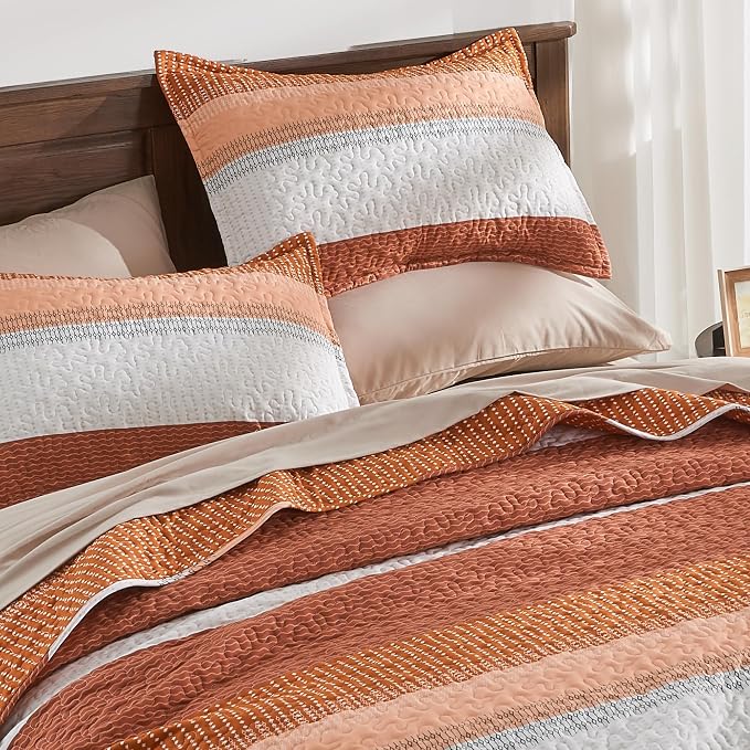 Andency Orange Quilt King, 3 Pieces Patchwork Striped Bedspread Coverlet Set - Image 3