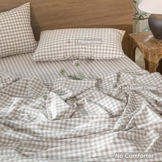 MooMee Gingham Duvet Cover Set 100% Washed Cotton Linen Like Textured - Image 2