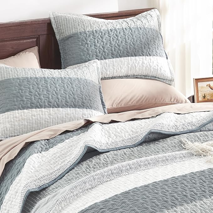 Andency Grey Striped Quilt Queen, 3 Pieces Patchwork Bedspread Coverlet Set - Image 5