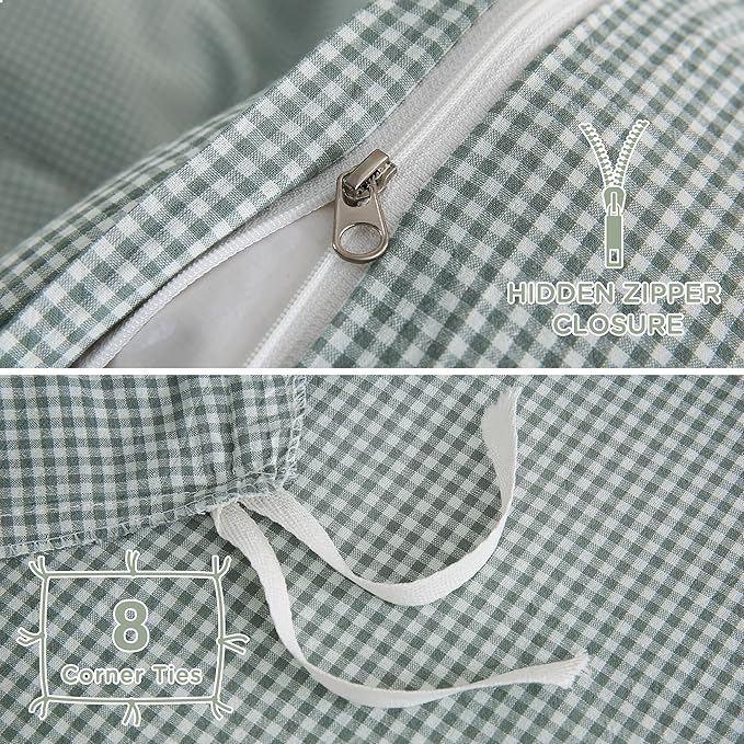 TOCOMOA Mini Gingham Green Duvet Cover Bedding Set 100% Washed Cotton Like - Image 6