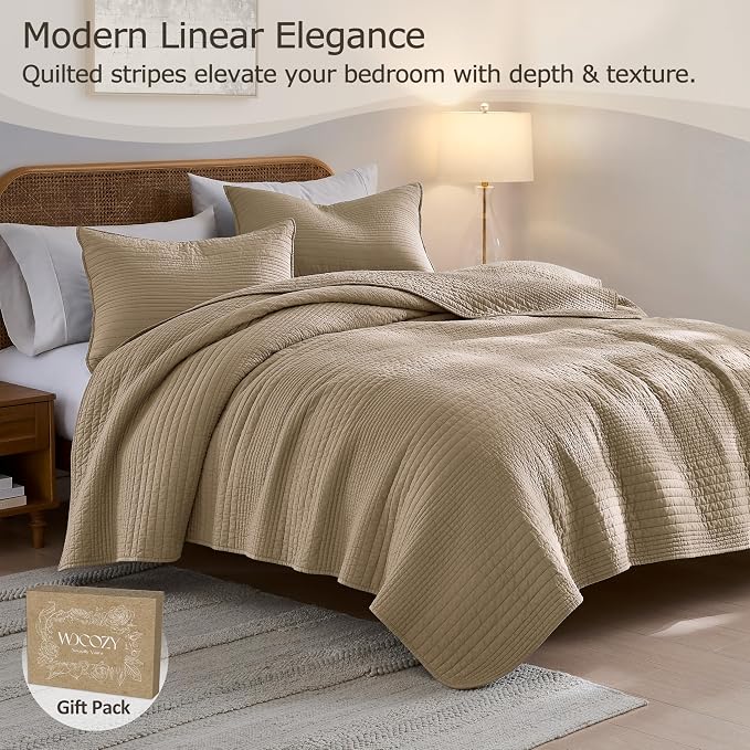 palassio Striped Dark Beige 100% Cotton Quilt Twin Size Bedding Sets, - Image 2