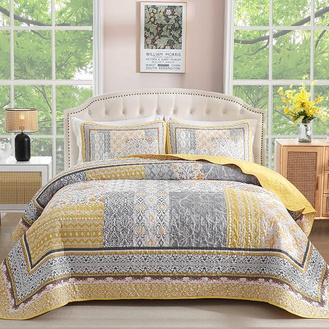 WONGS BEDDING Yellow Quilt Set Queen, Bohemian Patchwork Bedspread Coverlet Set by WONGSBEDDING
