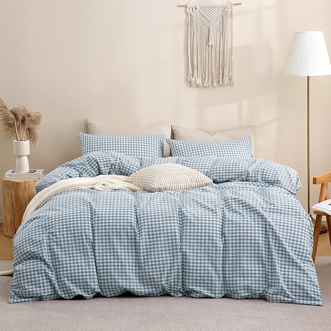 TOCOMOA Blue Gingham Duvet Cover Bedding Set 100% Washed Cotton Like Linen Feel - Image 3