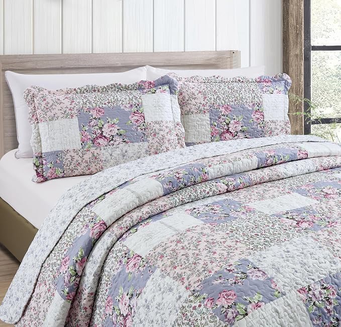 Brilliant Sunshine Roses Toile Quilt Set, 3-Piece Bedding Sets, Traditional - Image 3