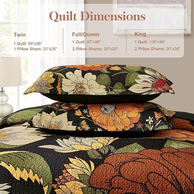 Tyrot 3 Piece Black Boho Floral Full/Queen Quilt Sets Reversible Farmhouse - Image 6