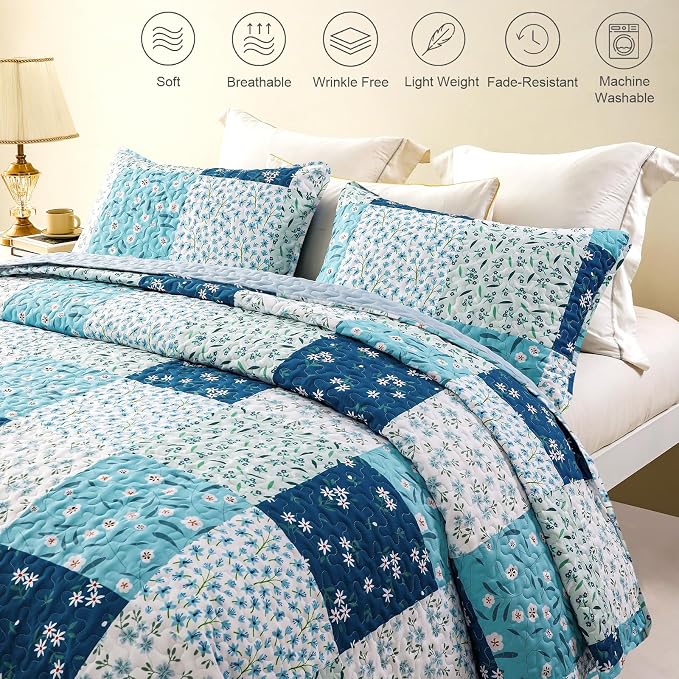Whale Flotilla Patchwork Quilt King Size, Extra Soft Boho Floral Bedspreads - Image 4
