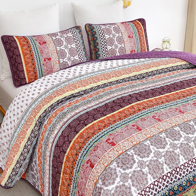 WONGS BEDDING Boho Quilt Set King Size, Lightweight Soft Microfiber Bedding Set - Image 8