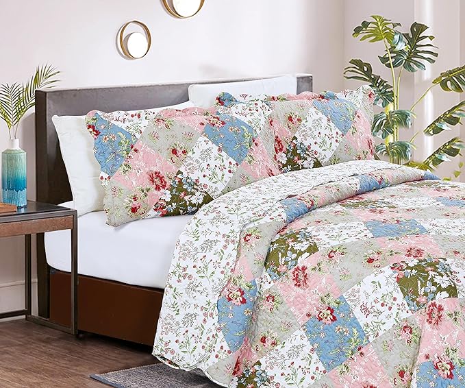Brilliant Sunshine Peach and Olive Flowers Patchwork, 3-Piece Quilt Set - Image 3