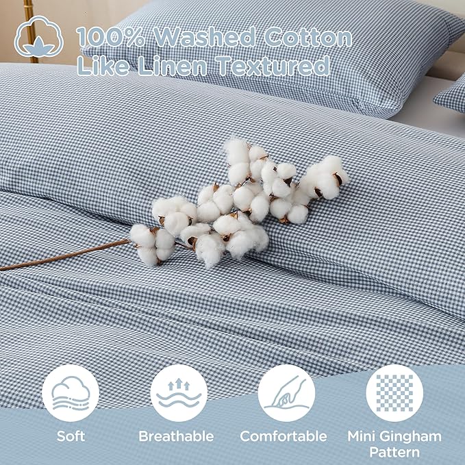 TOCOMOA Mini Gingham Blue Duvet Cover Bedding Set 100% Washed Cotton Like Linen - Image 5