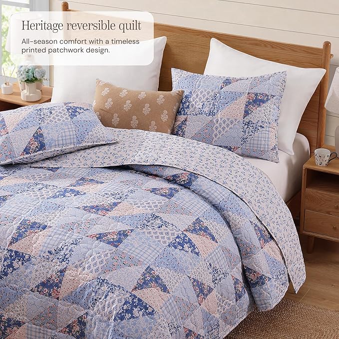 BLOOMHAVEN Quilt Set Queen Size, Patchwork Blue Pink Marigold Floral Quilt Sets - Image 2