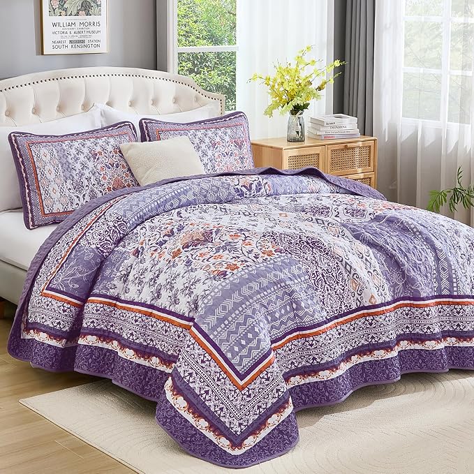 WONGS BEDDING Purle Quilt Set King Size, 3 Pieces Boho Patchwork Bedspread - Image 2