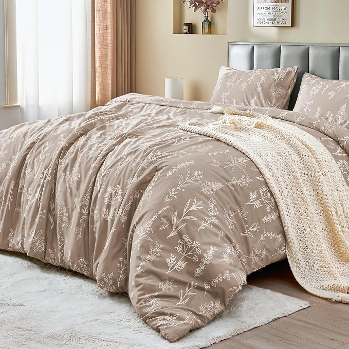 MUXHOMO Duvet Cover Queen Size, Reversible Floral Taupe Duvet Cover Set - Image 3