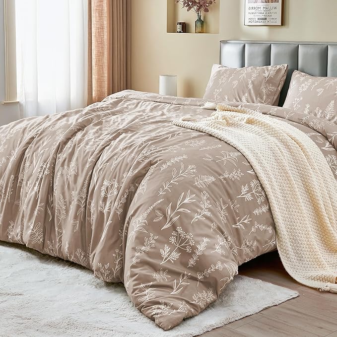 MUXHOMO Duvet Cover Full Size, Reversible Floral Taupe Duvet Cover Set - Image 3