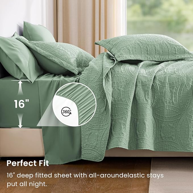 Love's cabin Queen Quilt Set Sage, Bed in a Bag Queen Size Bedding 7 Pieces - Image 4