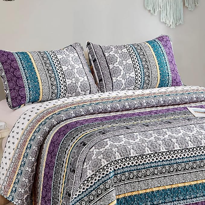 WONGS BEDDING Boho Quilt Set Queen Size, Lightweight Bedspread Coverlet Bedding - Image 4