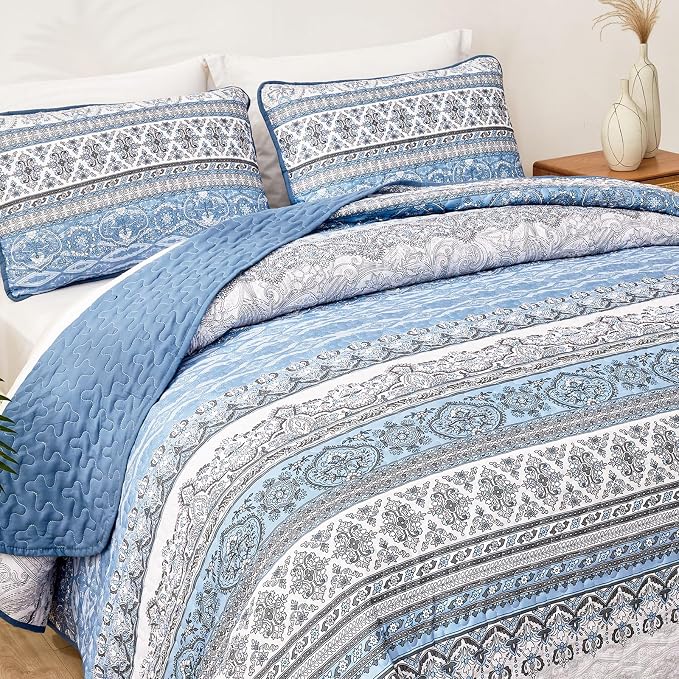 WONGS BEDDING Boho Queen Quilt Set, Light Blue Bohemian Queen Quilt Bedding Set - Image 7